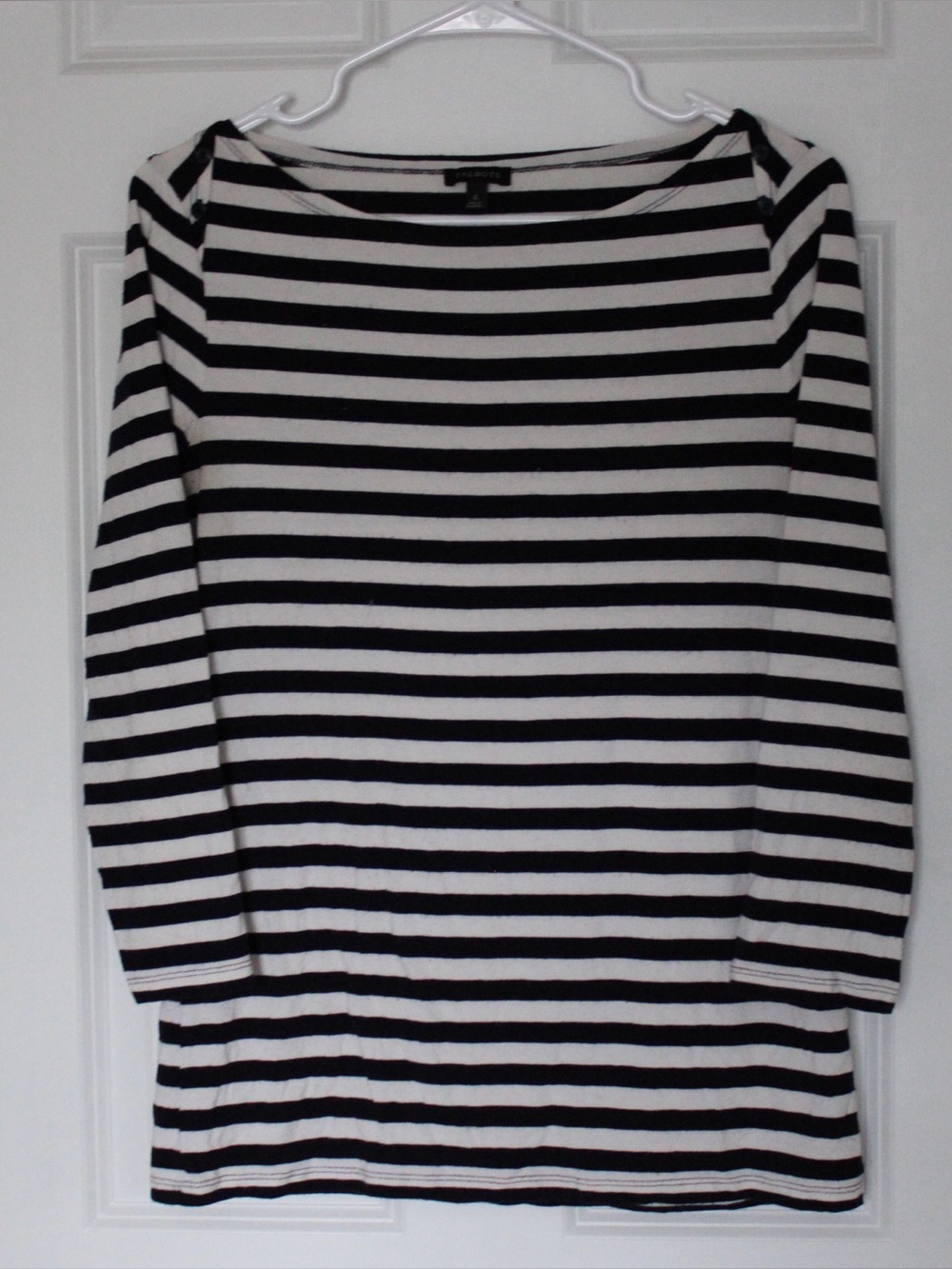 TALBOTS Classic Button-Shoulder Striped 3/4 Length Sleeve Boatneck Top